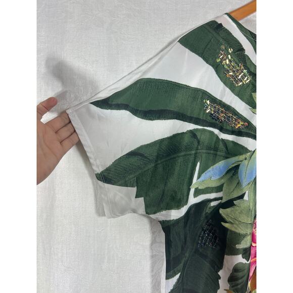 Chicos Top 3 XL White Blue Pink Big Floral Sequins Dolman Slv Boxy Palm Tropical - Picture 6 of 10